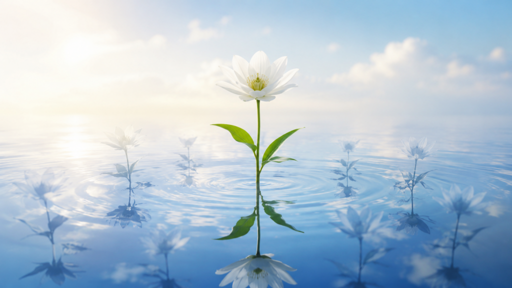 静かな水面の白い花