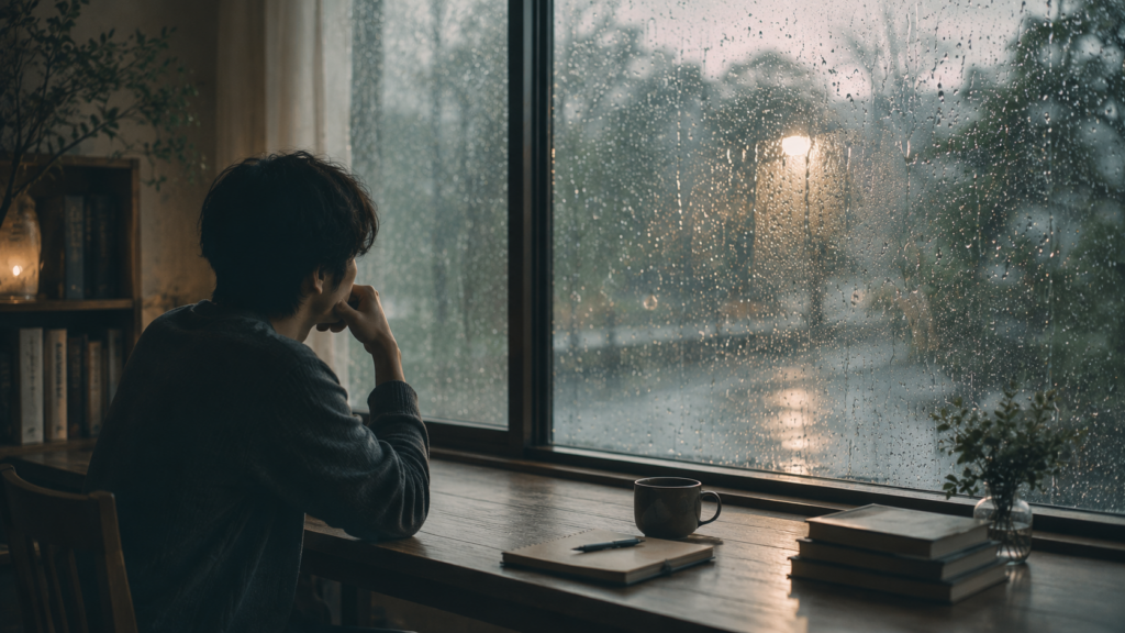 雨の日のカフェの窓辺に座って考える人