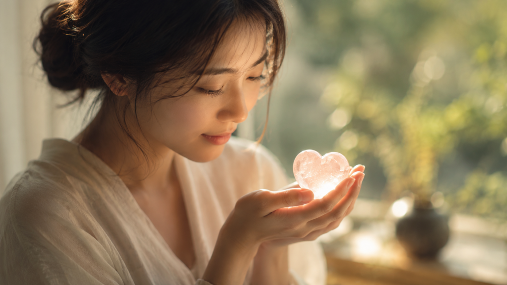 ハートを手で包みそれを温かい視線でみる女性