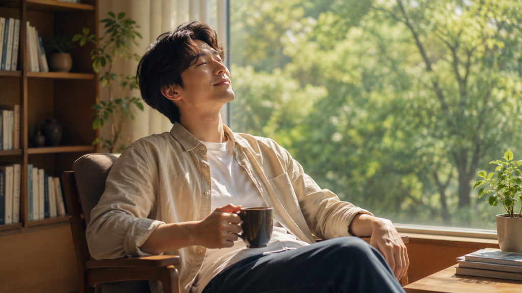 コーヒー片手に日差しを浴びる穏やかなひと時