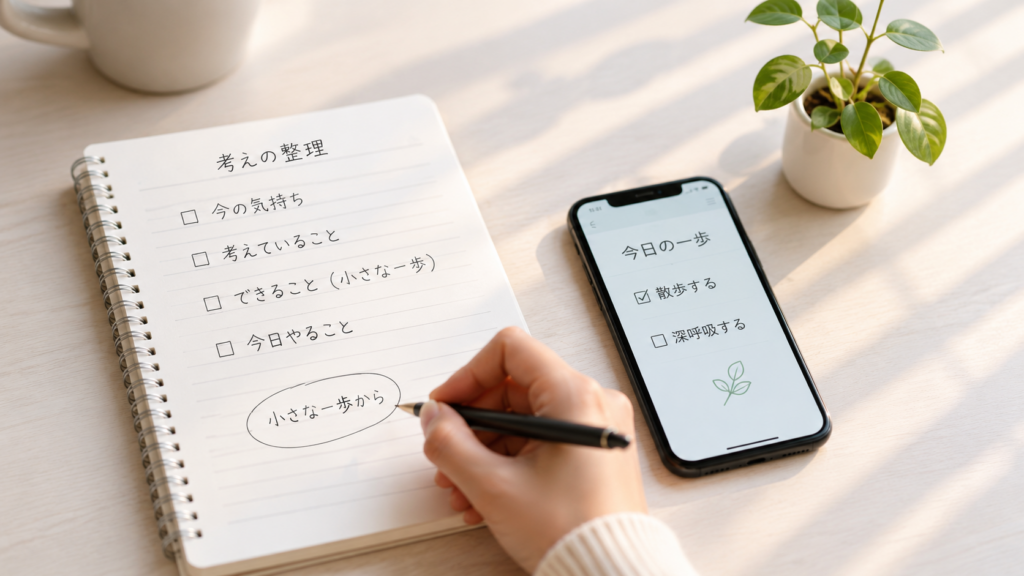 メモ帳とスマホで考えのメモをとる