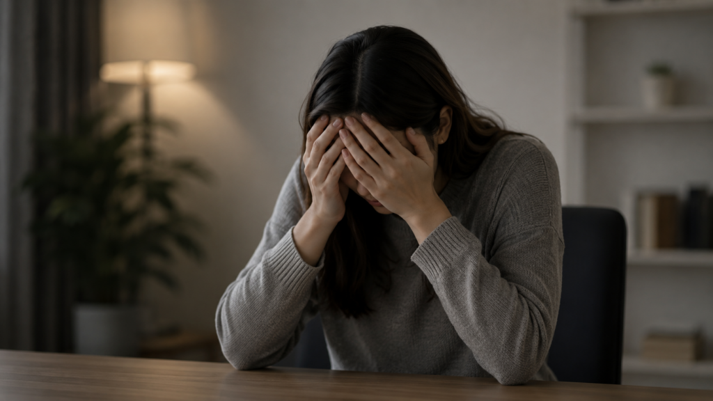部屋で一人考え込む女性
