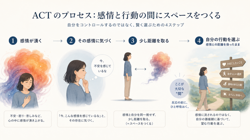 感情に気づき、距離を取り、自分の行動を選ぶACTの流れ