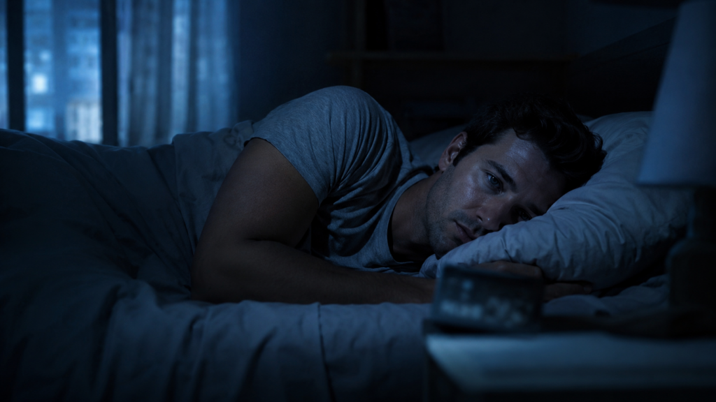 夜眠れずに横になる男性