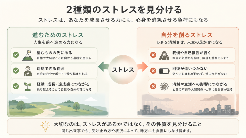進むためのストレスと自分を削るストレスの特徴を比較した図解